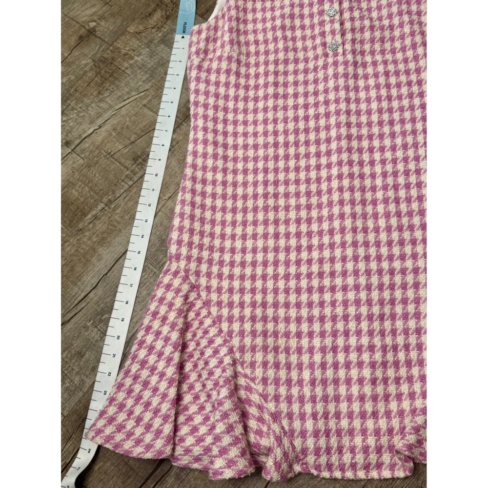 CeCe Pink White Houndstooth Tweed Sleeveless Flounce Hem Dress Size 12 - Picture 6 of 11